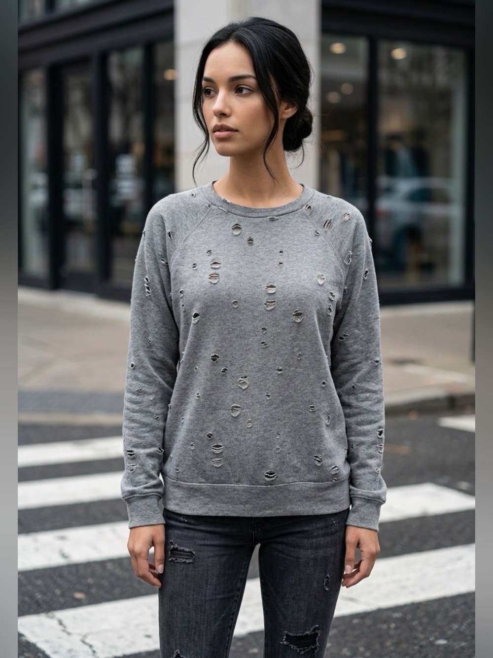 Body Language Perforated Distressed Sweatshirt XS Lightweight Athleisure Casual
